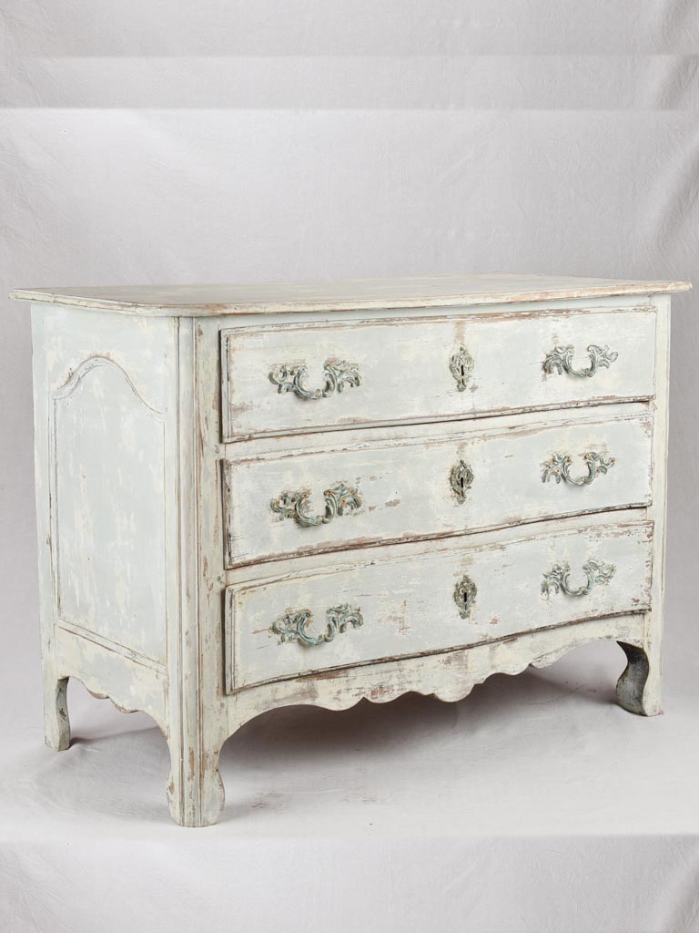 Regional 3 drawer commode, 19th century, distressed pale blue patina 47¾""