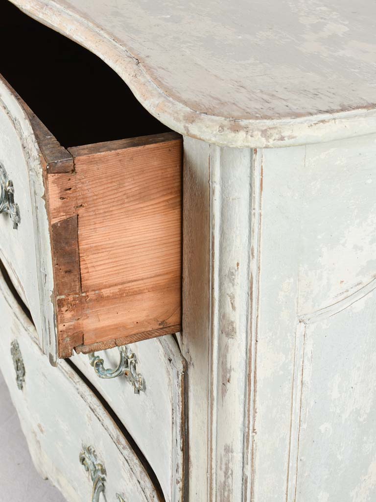 Regional 3 drawer commode, 19th century, distressed pale blue patina 47¾""
