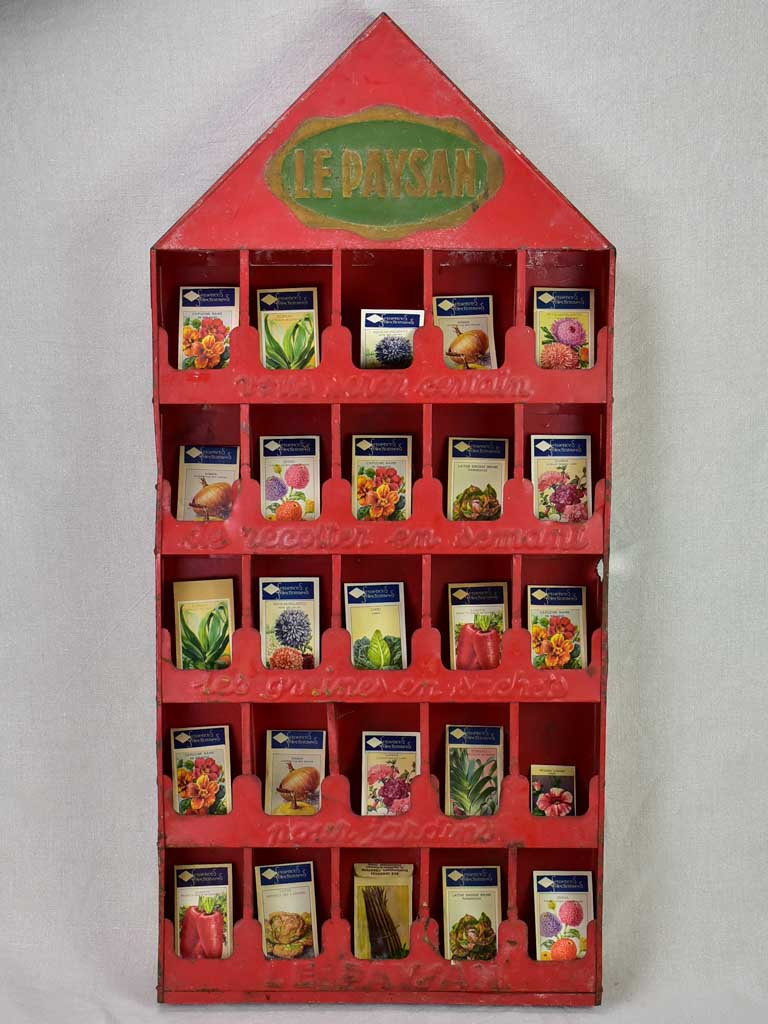 Paysan seed display from the 1940's /50's with red patina and pitched roof 19¼"