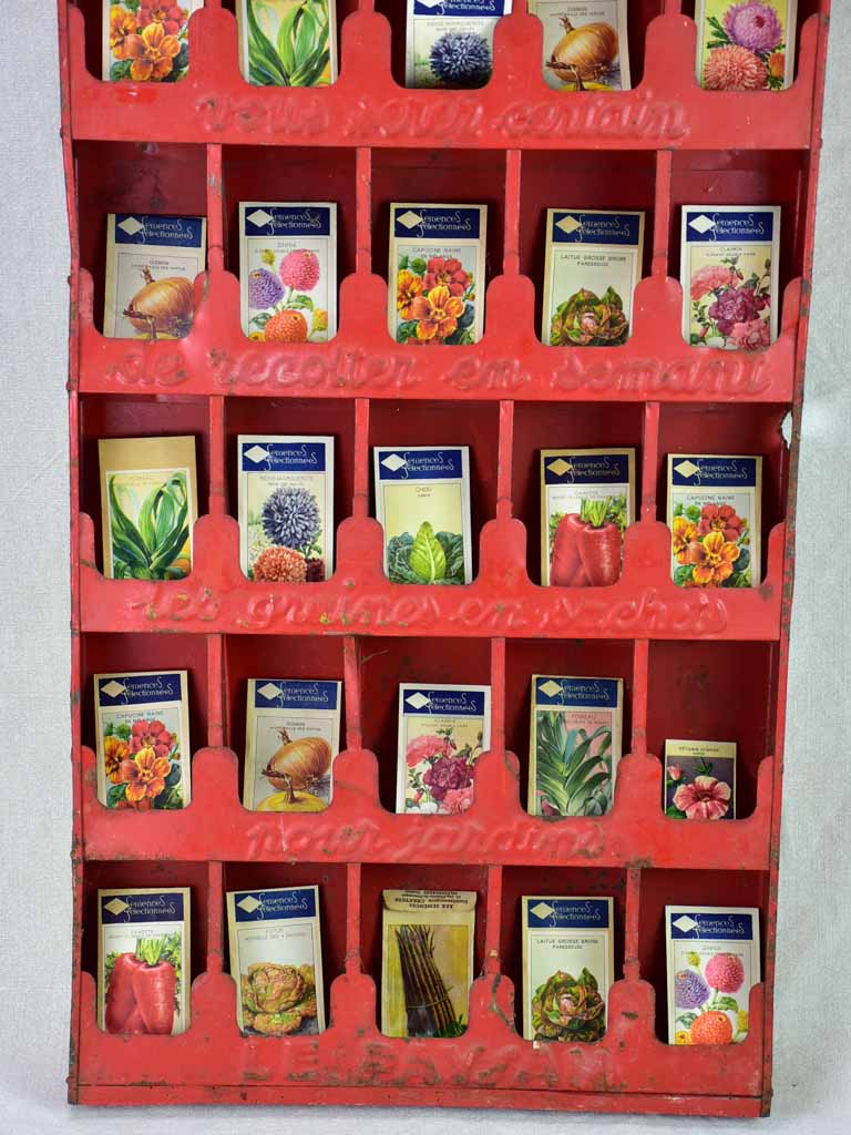 Paysan seed display from the 1940's /50's with red patina and pitched roof 19¼"
