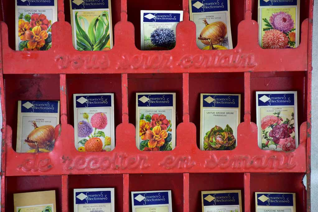 Paysan seed display from the 1940's /50's with red patina and pitched roof 19¼"