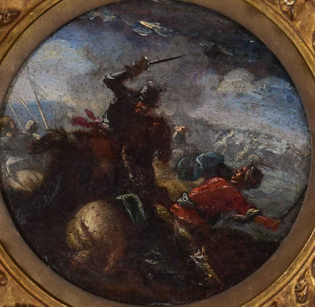 Small round painting of a battle - Jacques Courtois (1621 - 1676) - oil on board 11"