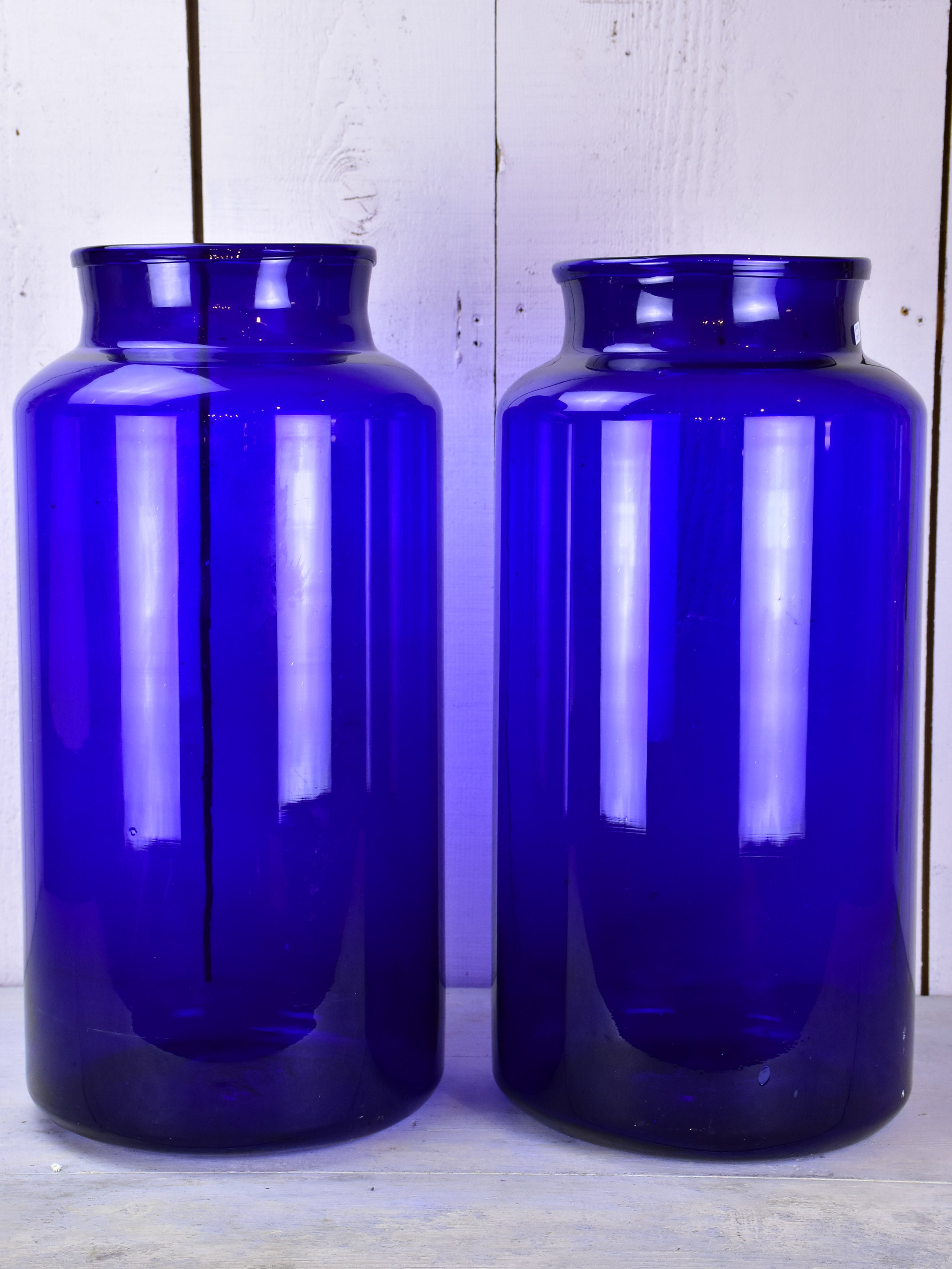 Pair of extra-large cobalt blue glass jars / vases