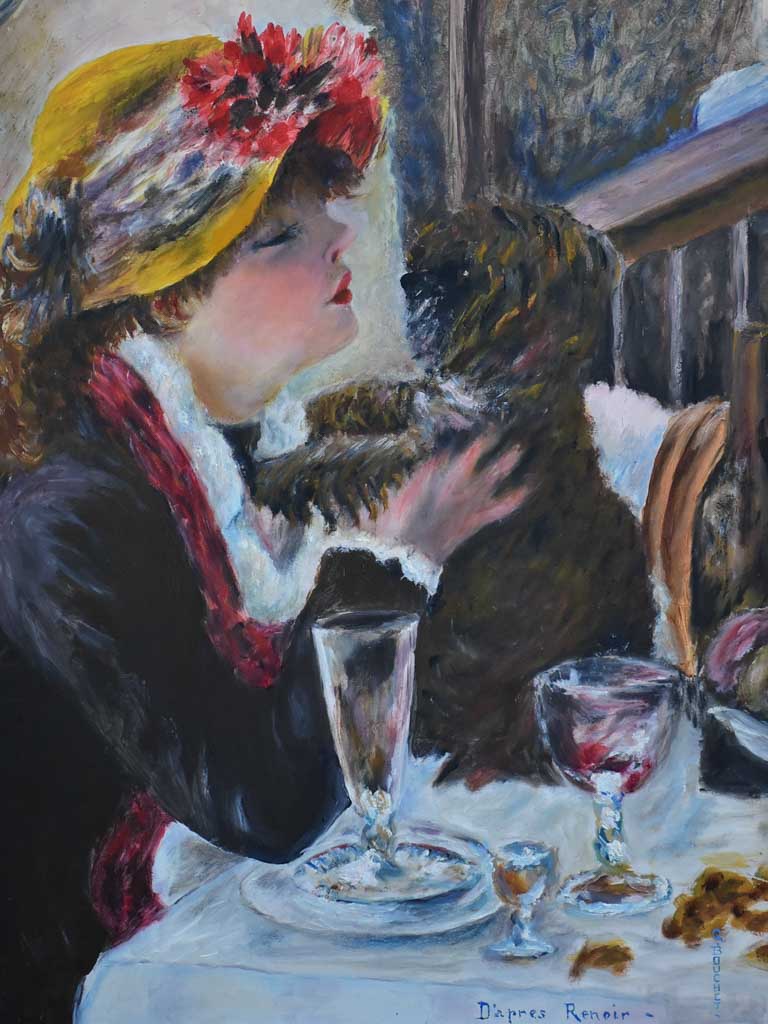 RESERVED JS - Mid century painting - interpretation of Luncheon of the Boating Party, Renoir 21¼ x 27¼""