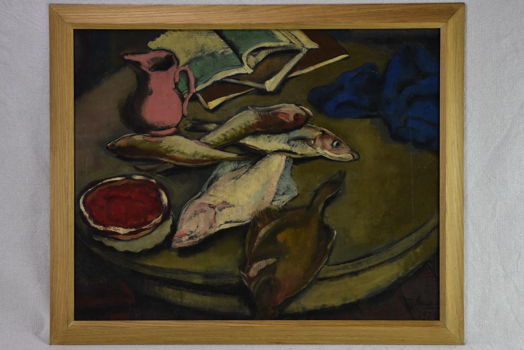 Still life of fish on round table. 1933 signed 27¼" x 33"