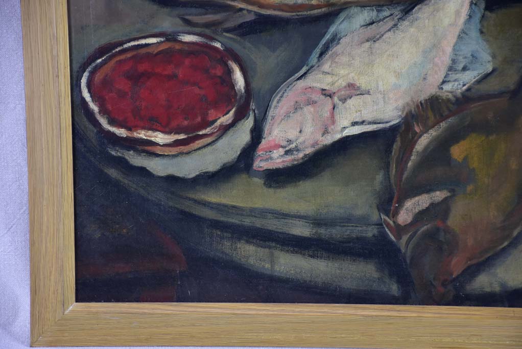 Still life of fish on round table. 1933 signed 27¼" x 33"