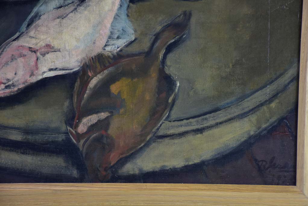 Still life of fish on round table. 1933 signed 27¼" x 33"