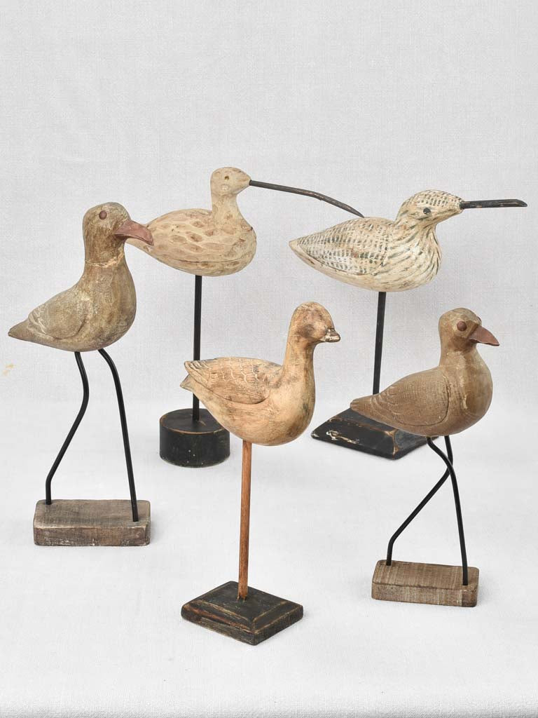 Collection of 5 wooden bird sculptures