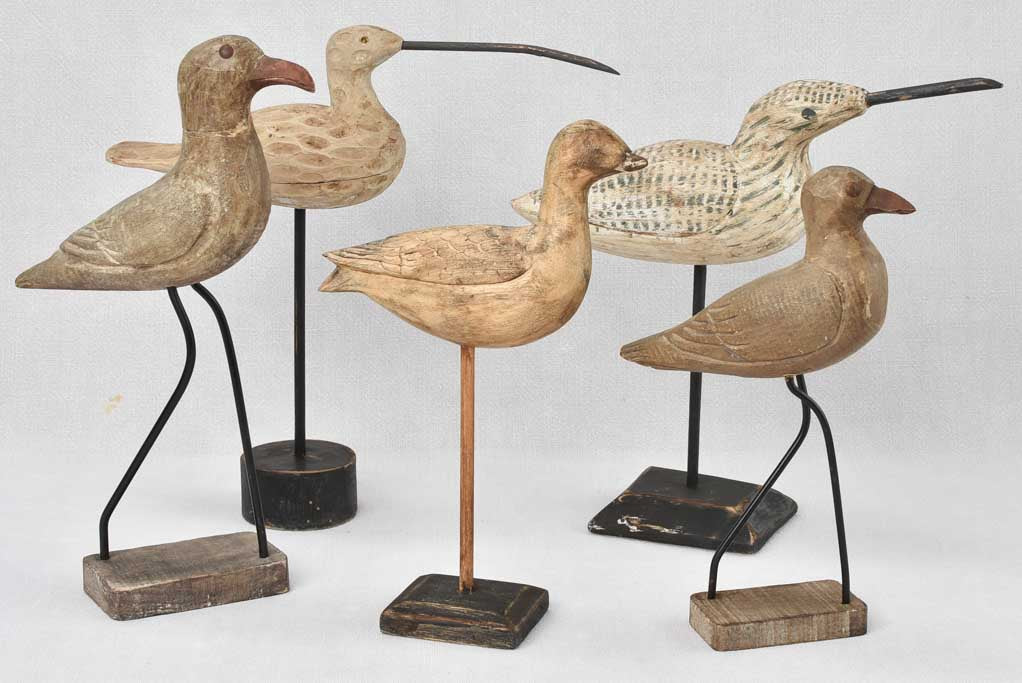 Collection of 5 wooden bird sculptures