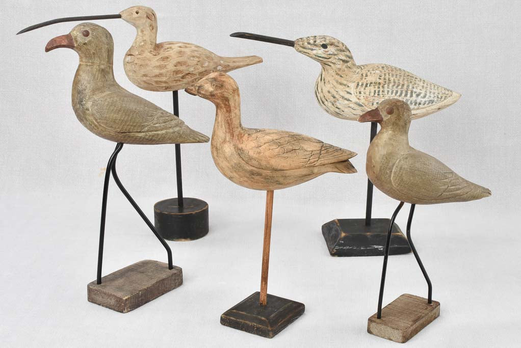 Collection of 5 wooden bird sculptures