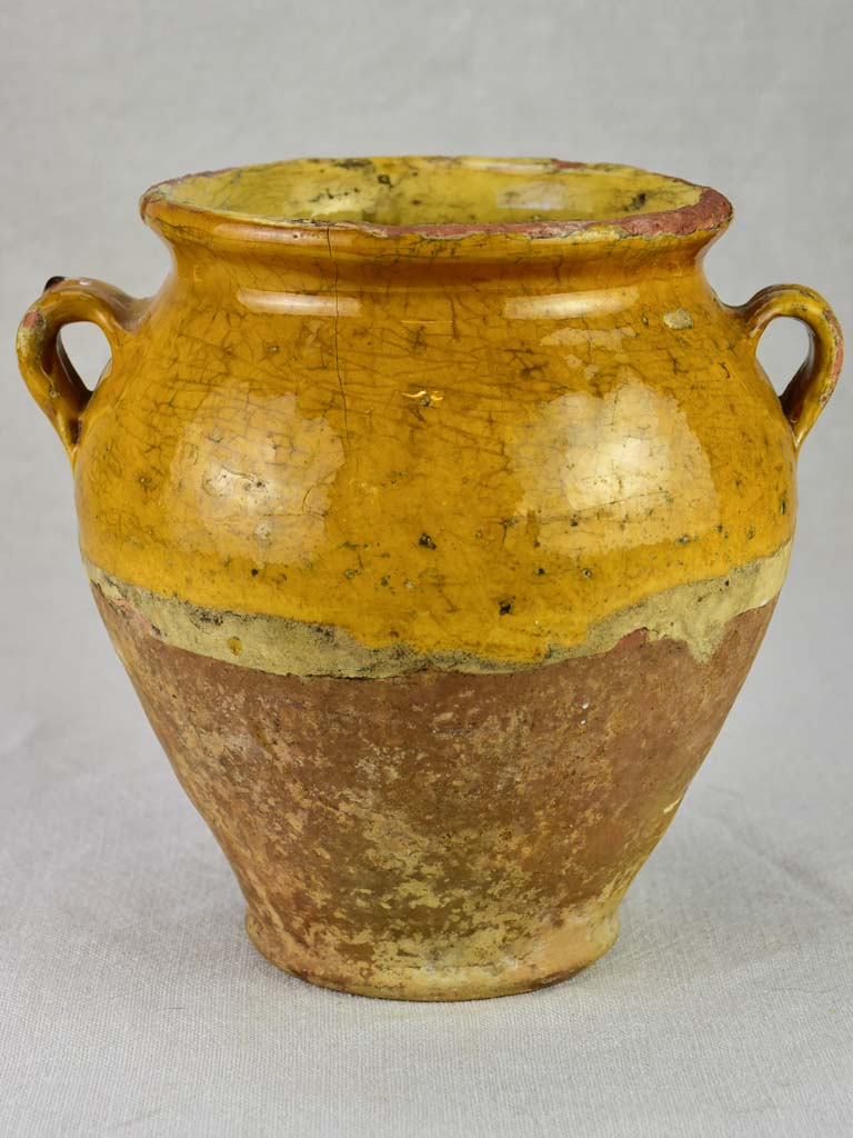 Pretty antique French confit pot with yellow / orange glaze 8¾"