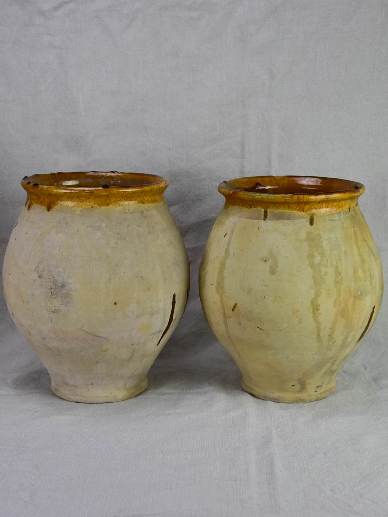 Pair of antique French confit pots with sepia glaze from Castelnaudary 11¾"