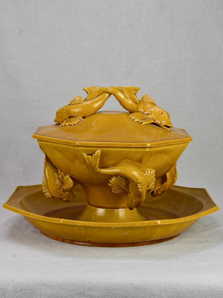 Exceptional antique French bouillabaisse soup tureen with orange glaze - Pichon Uzes