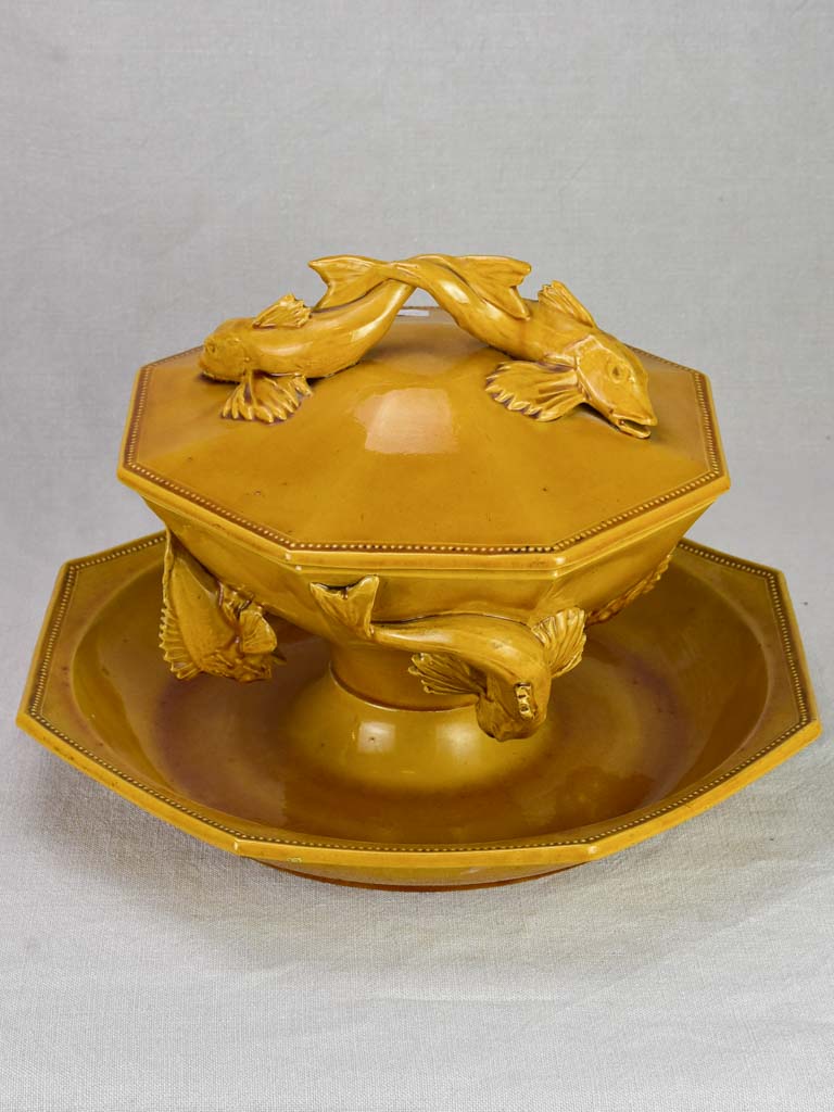 Exceptional antique French bouillabaisse soup tureen with orange glaze - Pichon Uzes