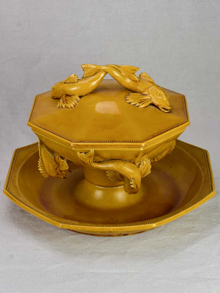 Exceptional antique French bouillabaisse soup tureen with orange glaze - Pichon Uzes
