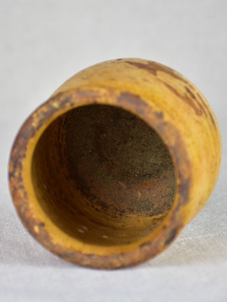 Small antique French honey pot with yellow glaze 4"