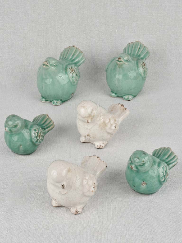 Collection of six blue and white ceramic birds