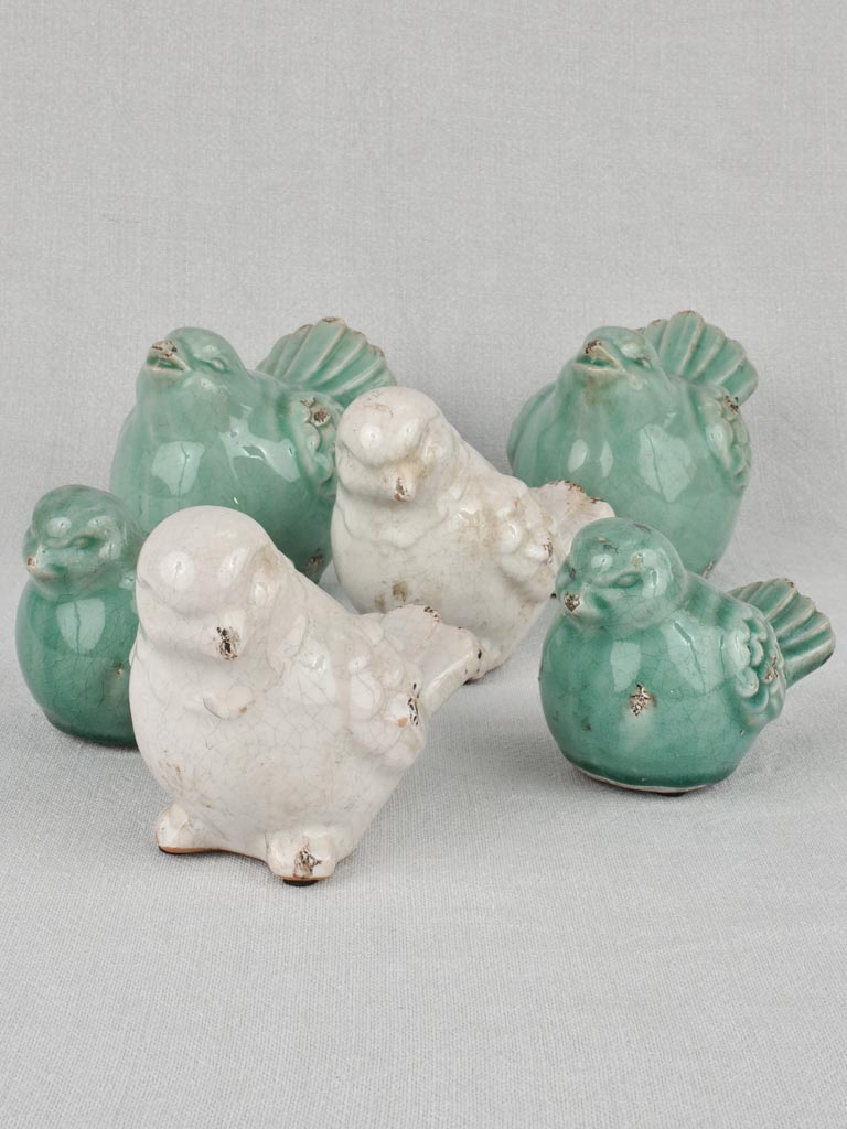 Collection of six blue and white ceramic birds