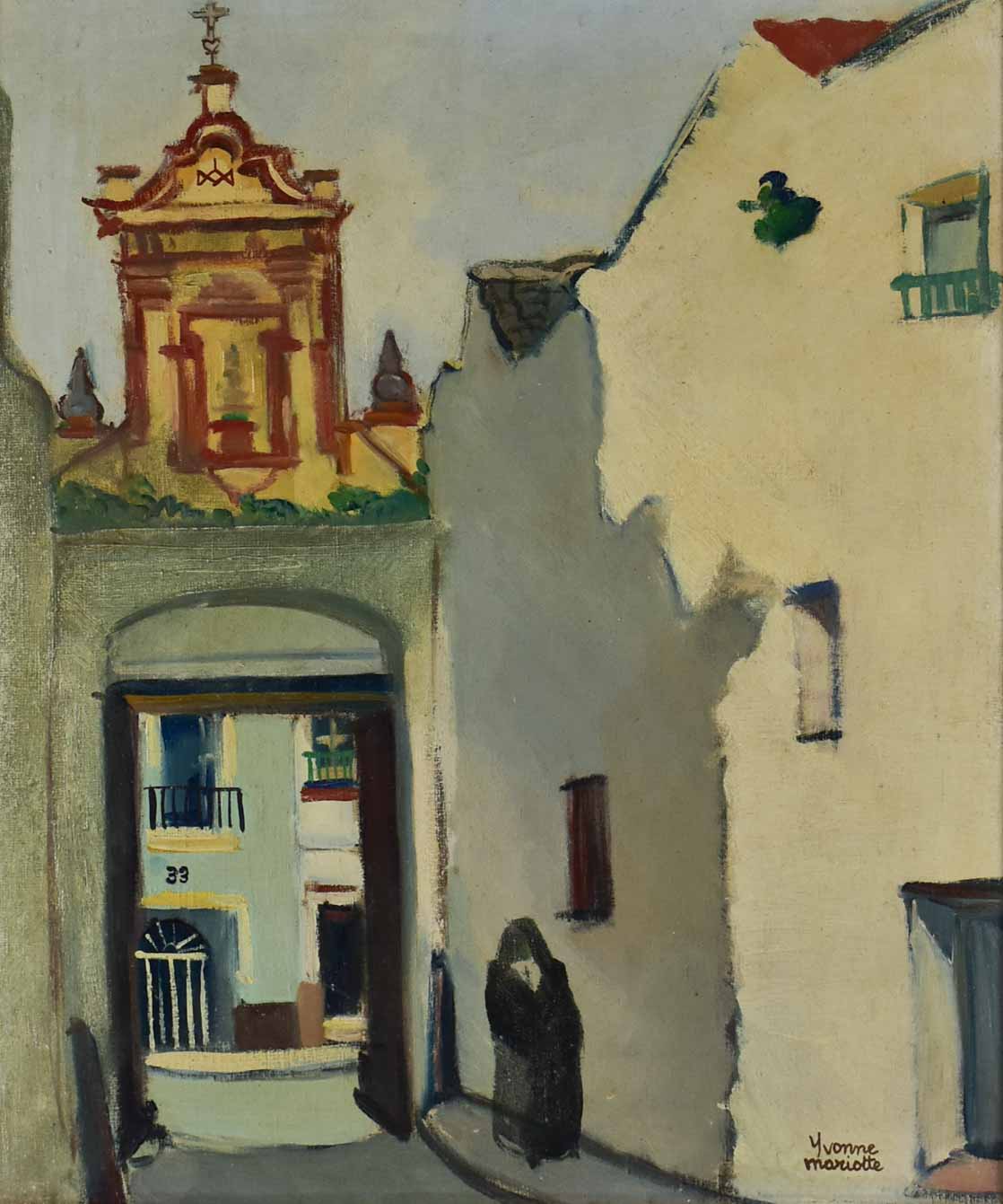 Urban landscape in Seville by Yvonne Mariotte (1909 - ?) - oil on canvas 25½" x 29¼"