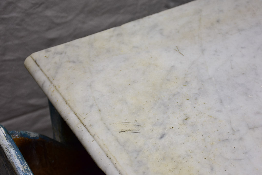 Rare antique French baker's counter with marble top and original patina 63" x 63" x 35½"