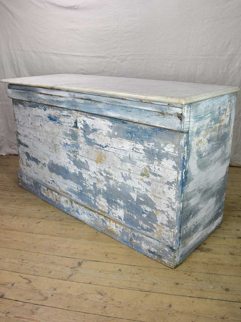 Rare antique French baker's counter with marble top and original patina 63" x 63" x 35½"