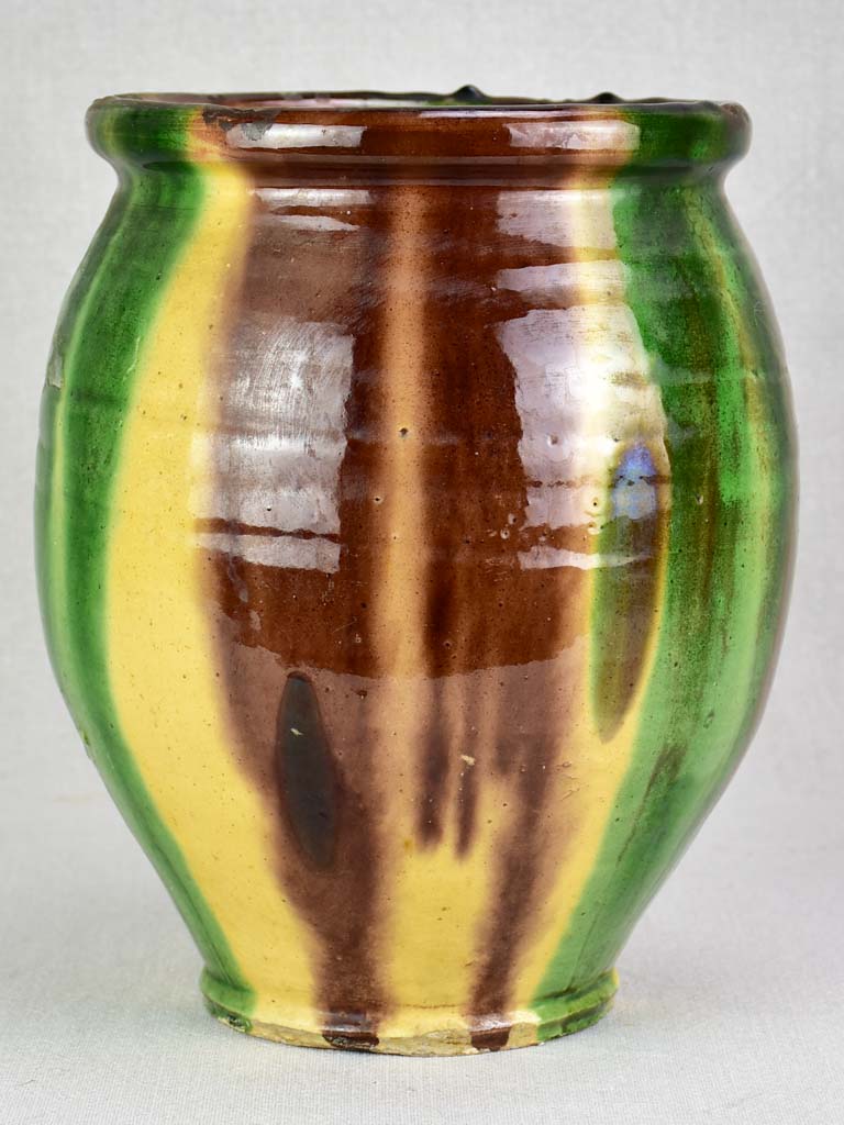 Antique French confit pot with yellow and brown glaze 11""