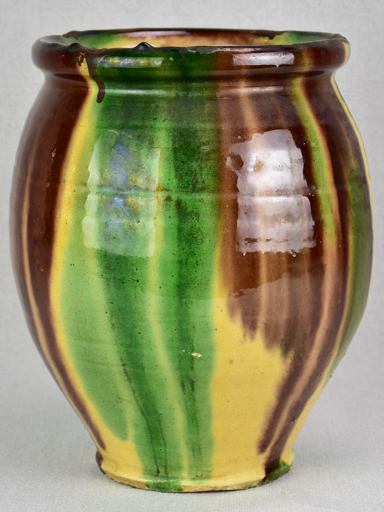 Antique French confit pot with yellow and brown glaze 11""