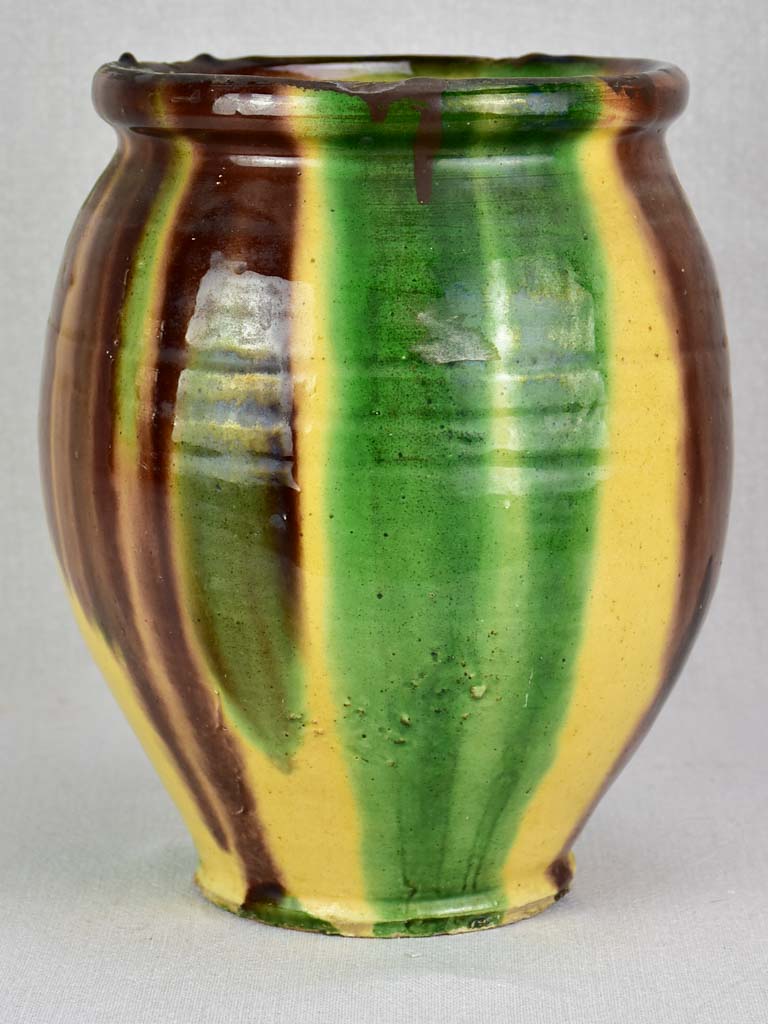 Antique French confit pot with yellow and brown glaze 11""