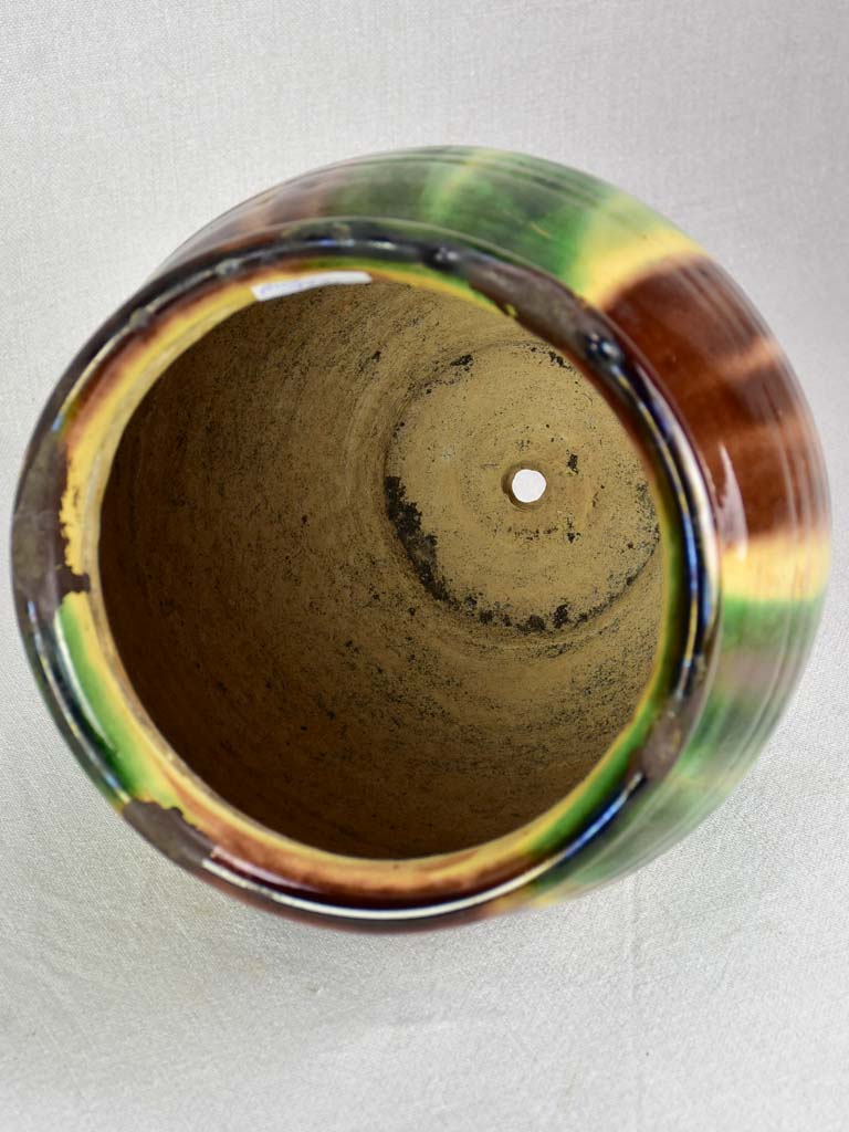 Antique French confit pot with yellow and brown glaze 11""