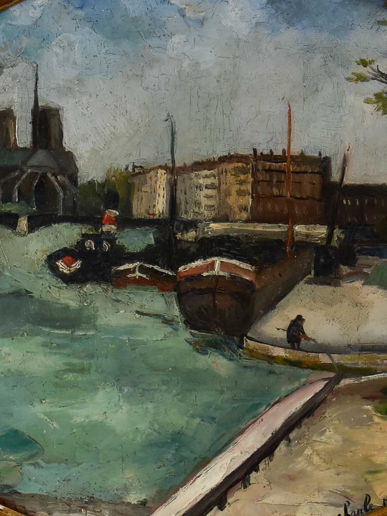 Oval medallion Parisian riverbank scene by Charles Réal (1898-1979) - oil on canvas 22½" x 27¼"