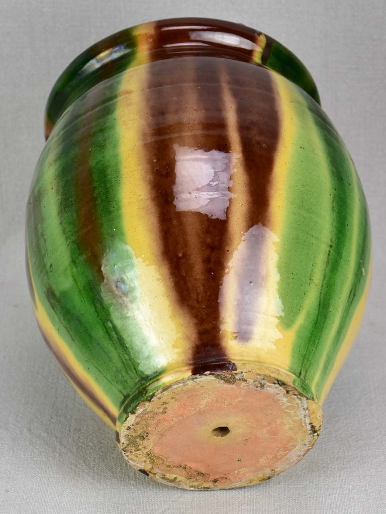 Antique French confit pot with yellow and brown glaze 11""