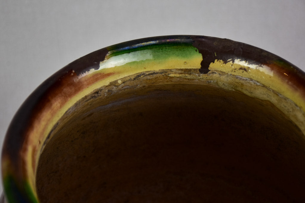 Antique French confit pot with yellow and brown glaze 11""