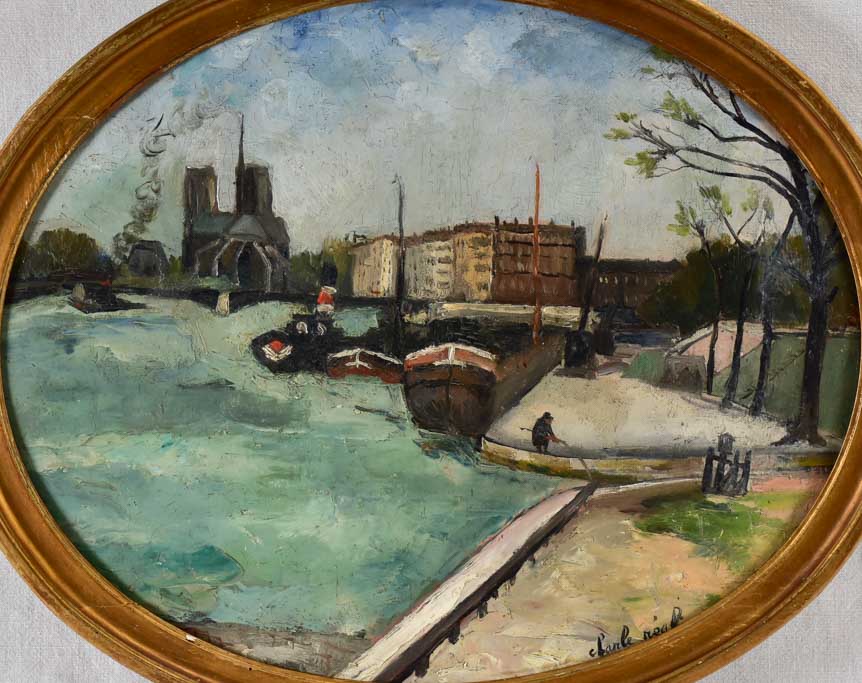 Oval medallion Parisian riverbank scene by Charles Réal (1898-1979) - oil on canvas 22½" x 27¼"