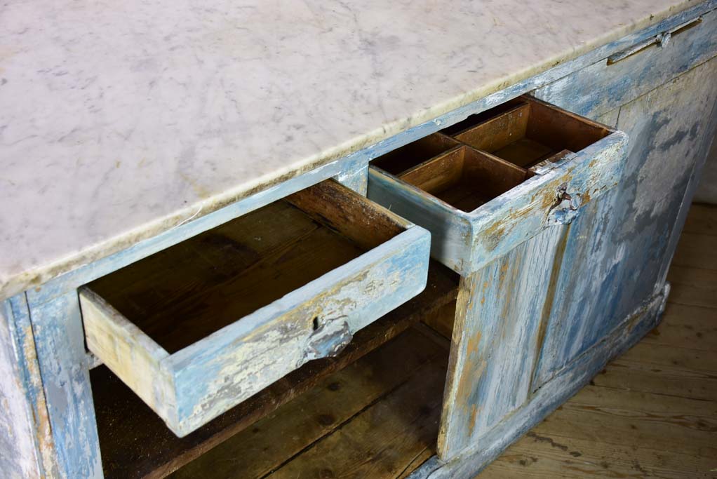 Rare antique French baker's counter with marble top and original patina 63" x 63" x 35½"