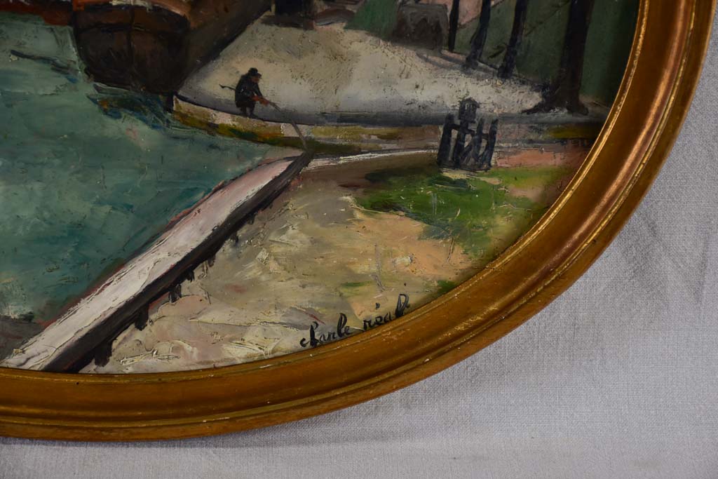 Oval medallion Parisian riverbank scene by Charles Réal (1898-1979) - oil on canvas 22½" x 27¼"