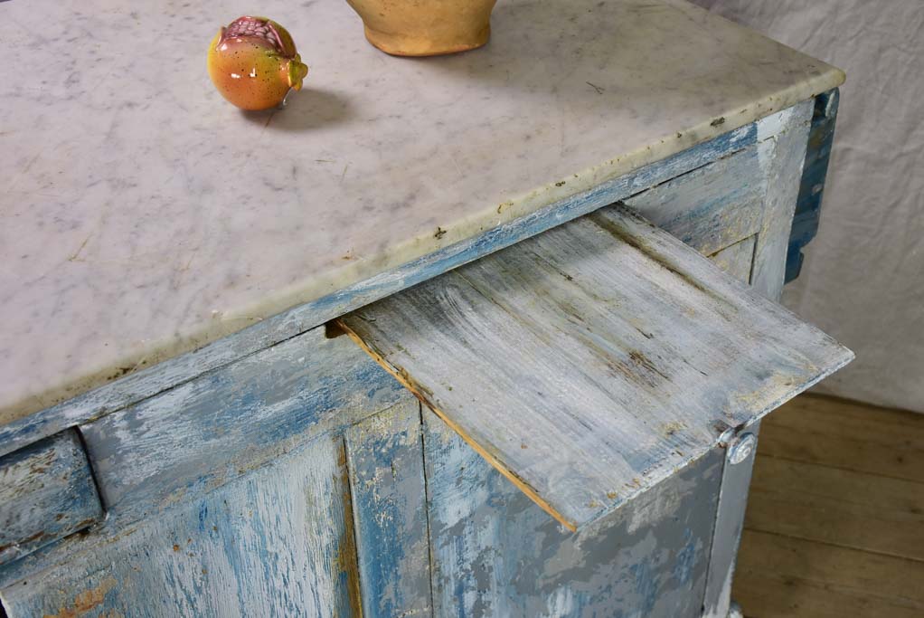 Rare antique French baker's counter with marble top and original patina 63" x 63" x 35½"