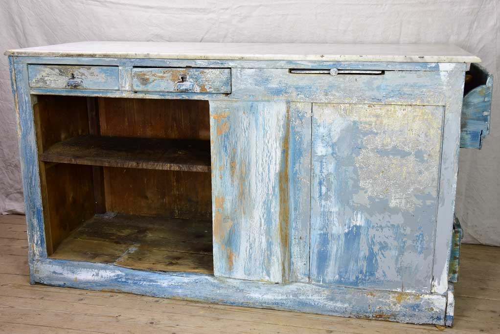 Rare antique French baker's counter with marble top and original patina 63" x 63" x 35½"