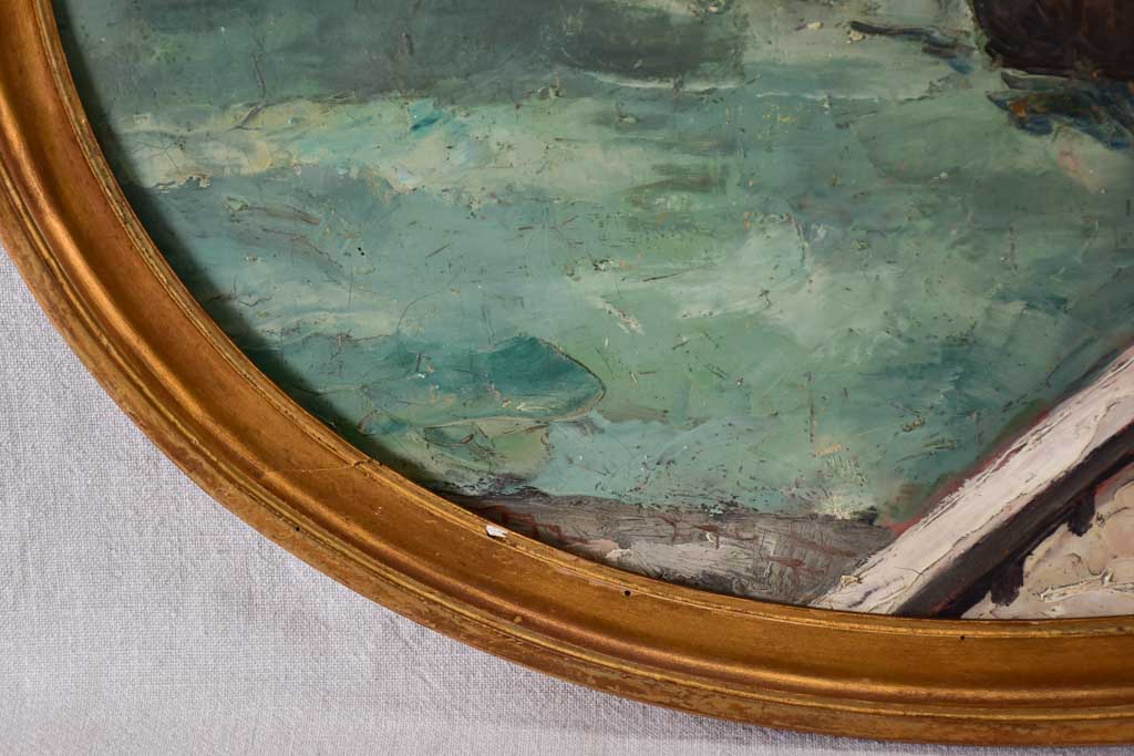 Oval medallion Parisian riverbank scene by Charles Réal (1898-1979) - oil on canvas 22½" x 27¼"