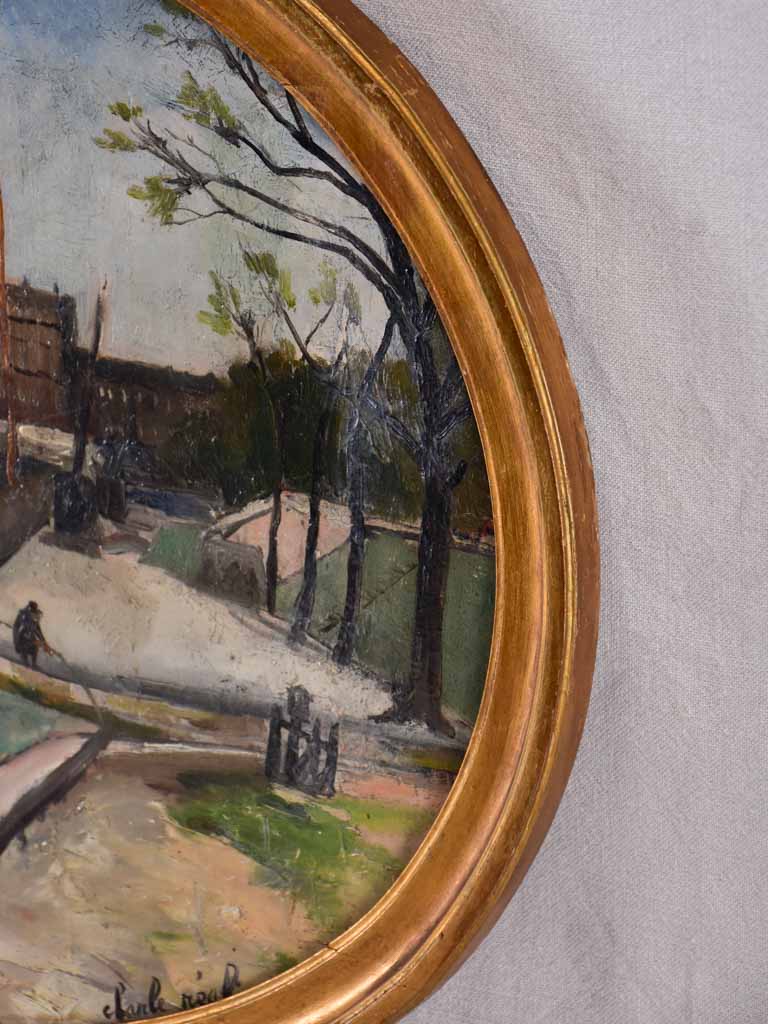 Oval medallion Parisian riverbank scene by Charles Réal (1898-1979) - oil on canvas 22½" x 27¼"