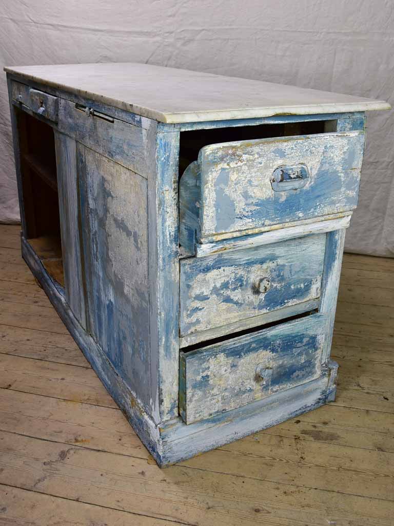 Rare antique French baker's counter with marble top and original patina 63" x 63" x 35½"