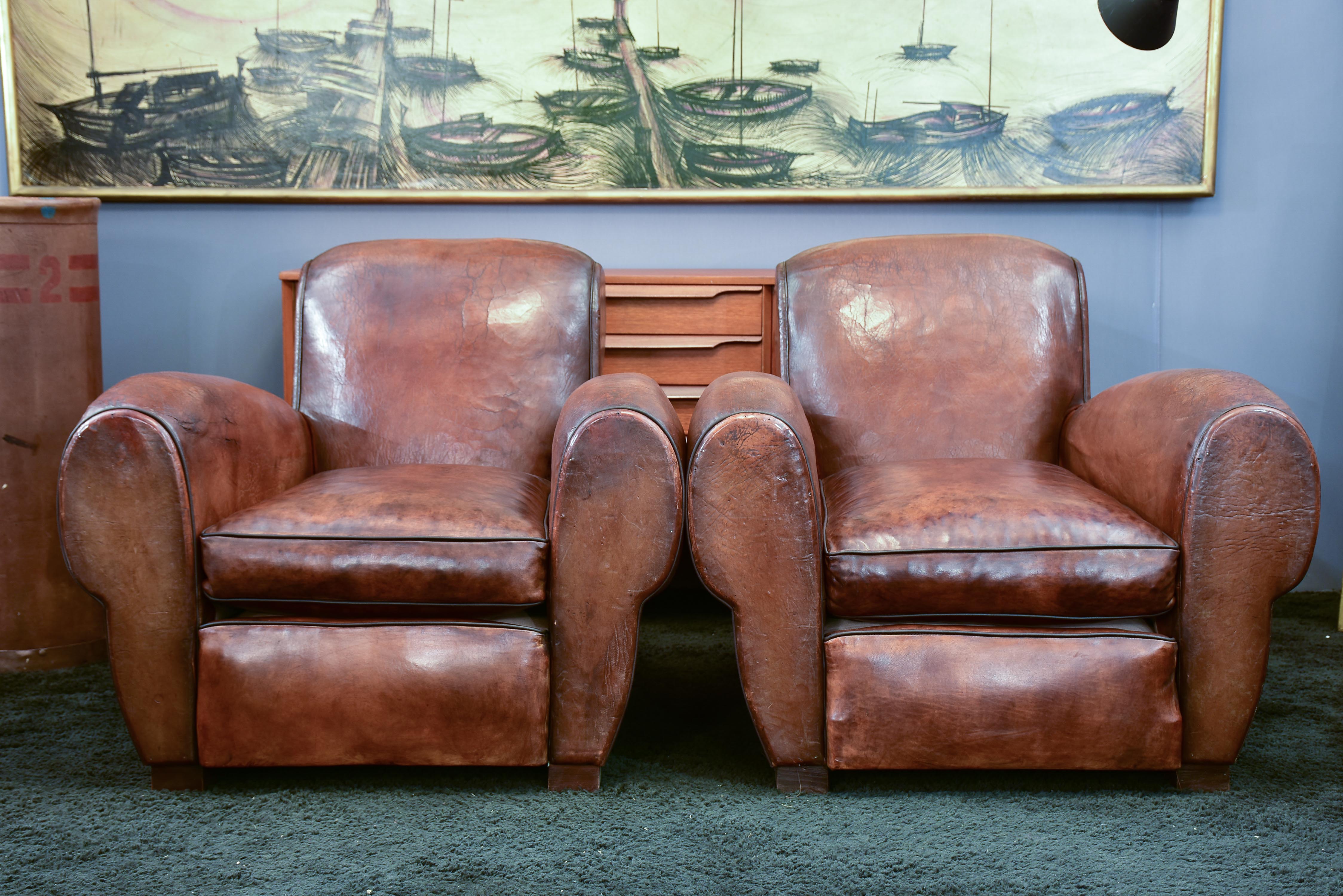 Pair of French leather club chairs with scroll back - pair two
