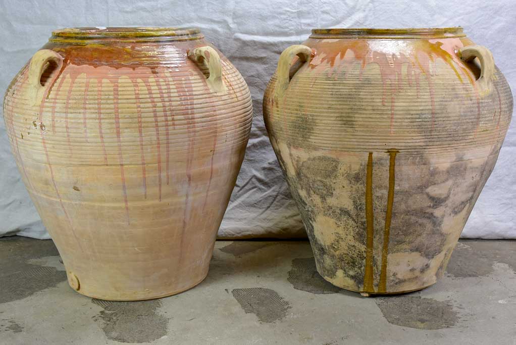 Two very large Spanish terracotta olive pots with four handles 28"