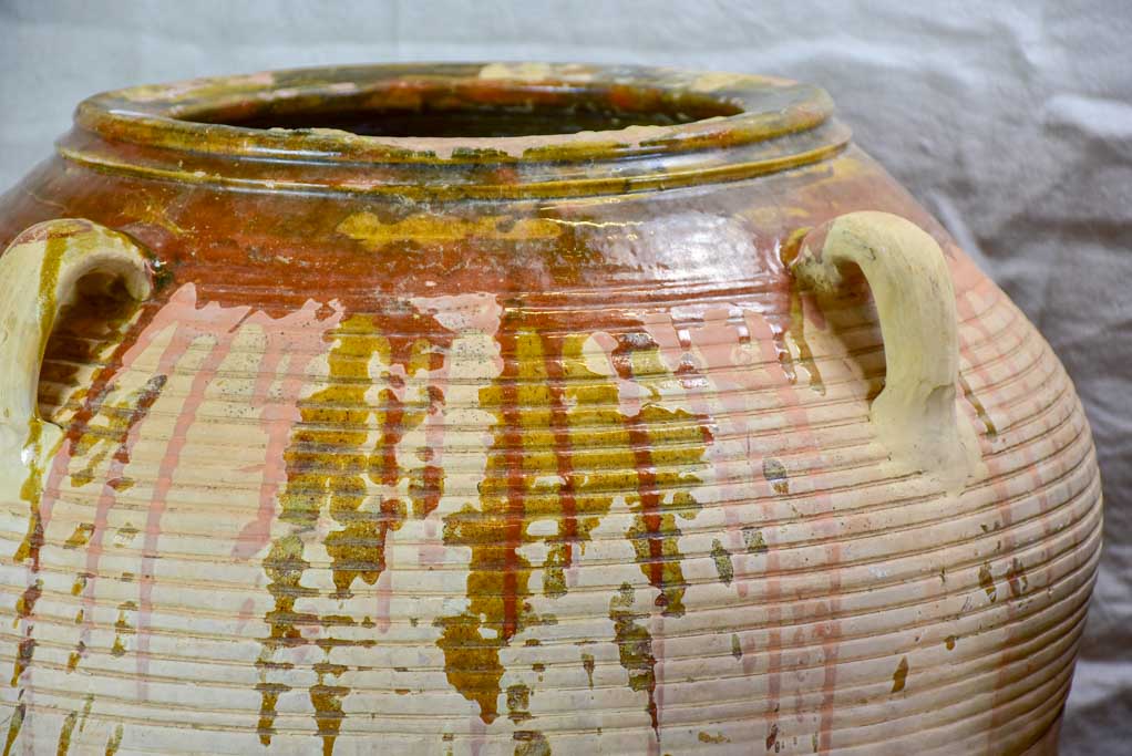 Two very large Spanish terracotta olive pots with four handles 28"