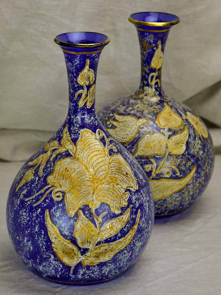 Pair of antique blown glass vases - blue and gold