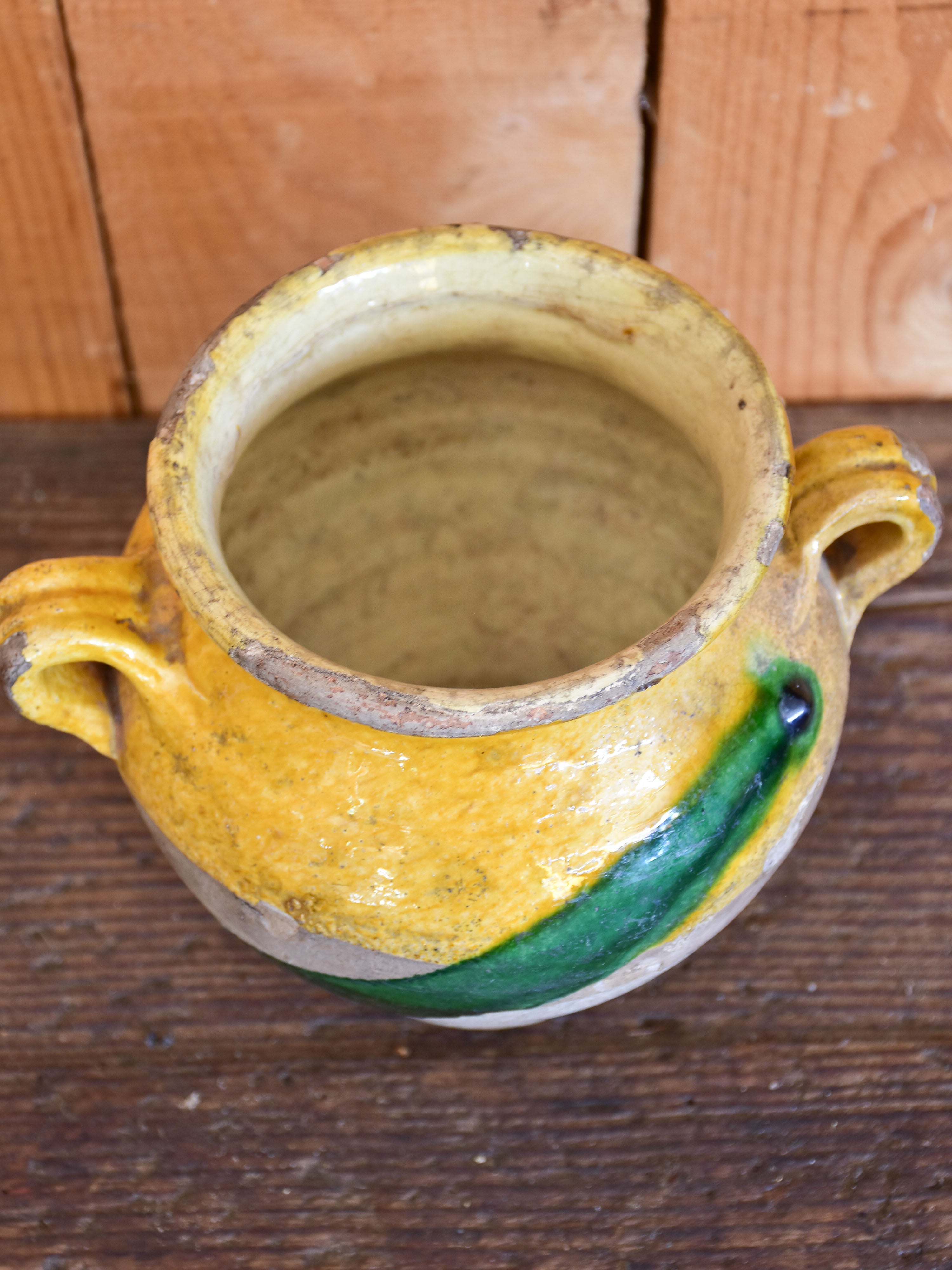 Antique French confit pot with yellow and green glaze