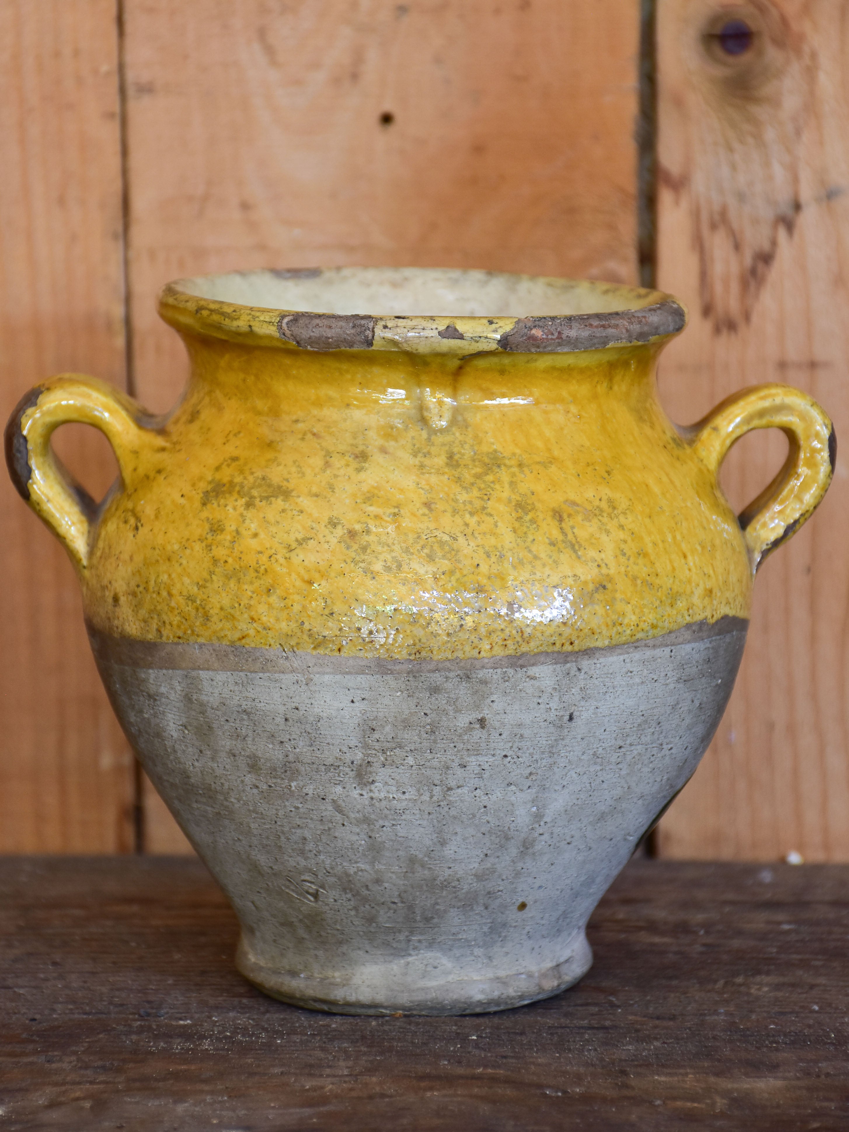 Antique French confit pot with yellow and green glaze