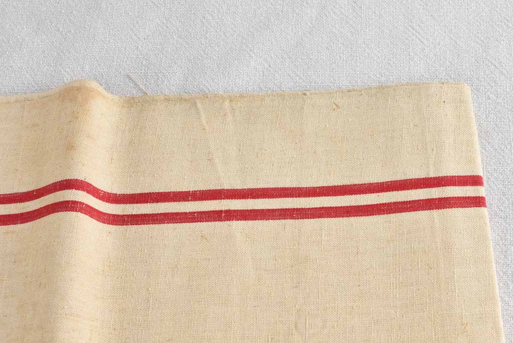 Large antique French linen fabric with double red stripe - never used 23¼" x 76½"