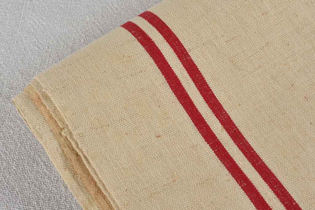 Large antique French linen fabric with double red stripe - never used 23¼" x 76½"