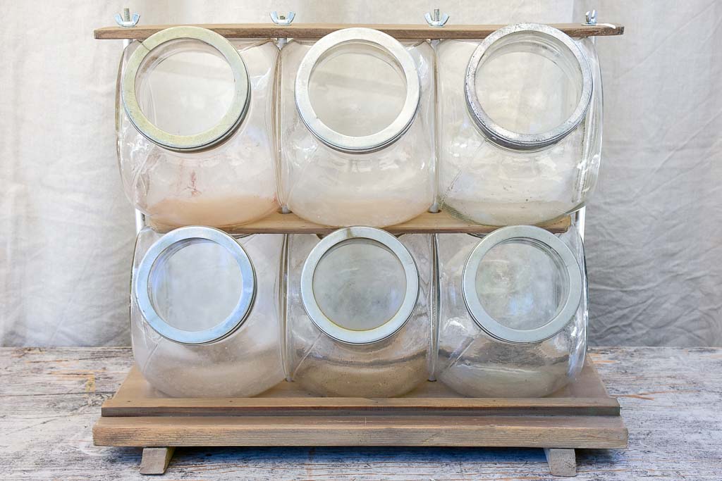 Six Antique French Glass Jars with Wooden Stand