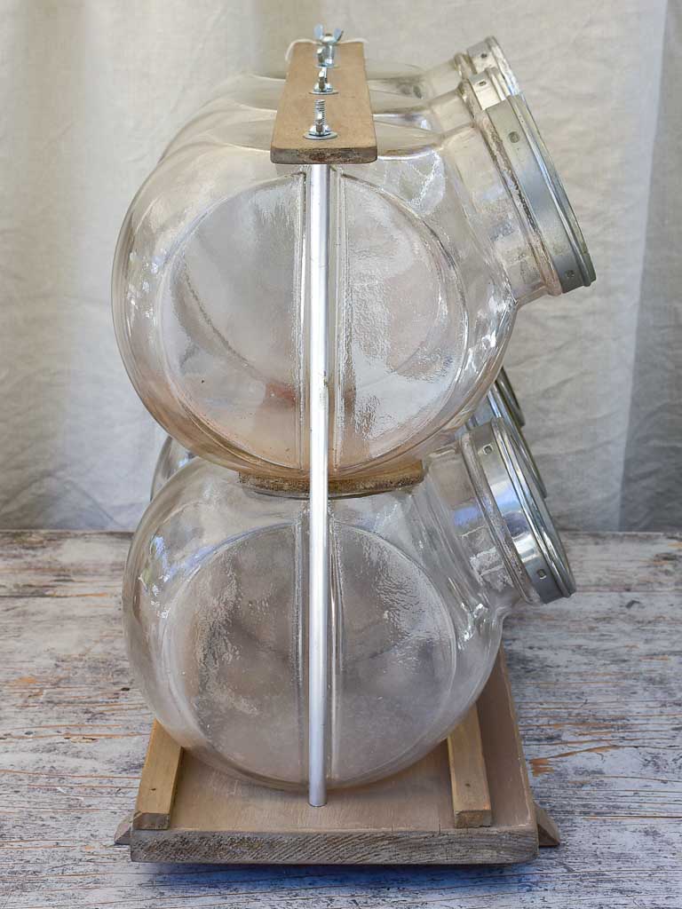Six Antique French Glass Jars with Wooden Stand